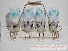 8 MCM Libbey Turquoise, White and Black Frosted Drinking Glasses with Caddy. XSJ