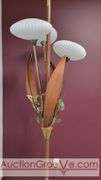 Awesome Tension Pole Floor Lamp with 3 - UFO Glass Shades and what appears to be original artificial flora. Examples found identifying manufacturer as both Majestic and LuxCraft.