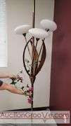 Awesome Tension Pole Floor Lamp with 3 - UFO Glass Shades and what appears to be original artificial flora. Examples found identifying manufacturer as both Majestic and LuxCraft.