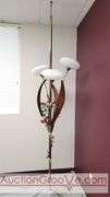 Awesome Tension Pole Floor Lamp with 3 - UFO Glass Shades and what appears to be original artificial flora. Examples found identifying manufacturer as both Majestic and LuxCraft.