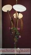 Awesome Tension Pole Floor Lamp with 3 - UFO Glass Shades and what appears to be original artificial flora. Examples found identifying manufacturer as both Majestic and LuxCraft.