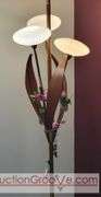 Awesome Tension Pole Floor Lamp with 3 - UFO Glass Shades and what appears to be original artificial flora. Examples found identifying manufacturer as both Majestic and LuxCraft.