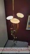Awesome Tension Pole Floor Lamp with 3 - UFO Glass Shades and what appears to be original artificial flora. Examples found identifying manufacturer as both Majestic and LuxCraft.