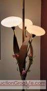 Awesome Tension Pole Floor Lamp with 3 - UFO Glass Shades and what appears to be original artificial flora. Examples found identifying manufacturer as both Majestic and LuxCraft.