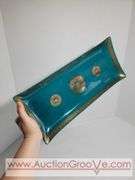 MCM George Briard Teal and Gold Glass Serving Tray. 16.5 x 7 x 1. Has a few small chips on the rim and a few scratches. See photos. XSJ