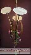 Awesome Tension Pole Floor Lamp with 3 - UFO Glass Shades and what appears to be original artificial flora. Examples found identifying manufacturer as both Majestic and LuxCraft.
