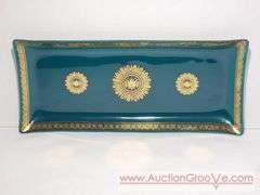 MCM George Briard Teal and Gold Glass Serving Tray. 16.5 x 7 x 1. Has a few small chips on the rim and a few scratches. See photos. XSJ