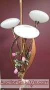 Awesome Tension Pole Floor Lamp with 3 - UFO Glass Shades and what appears to be original artificial flora. Examples found identifying manufacturer as both Majestic and LuxCraft.