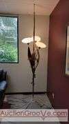 Awesome Tension Pole Floor Lamp with 3 - UFO Glass Shades and what appears to be original artificial flora. Examples found identifying manufacturer as both Majestic and LuxCraft.