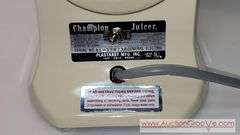 Champion Juicer. In original box and appears complete as shown in photos. Runs smoothly and shows no wear. Probably not used much, if at all. Sells to the highest bid over $180.