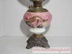 Antique 1898 Gone with the Wind Style Kerosene Lamp with Frosted Honeycomb Shade. The Shade is not Original to the lamp but they seem to work well together. Lamp is 7 x 13 without the shade. Shade is 