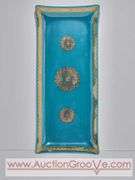 MCM George Briard Teal and Gold Glass Serving Tray. 16.5 x 7 x 1. Has a few small chips on the rim and a few scratches. See photos. XSJ