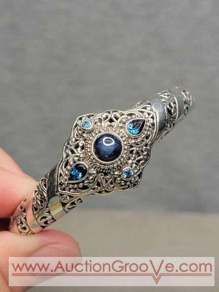 SARDA Blue Sapphire and Topaz Sterling Silver Cuff Bracelet. 28g. JB
