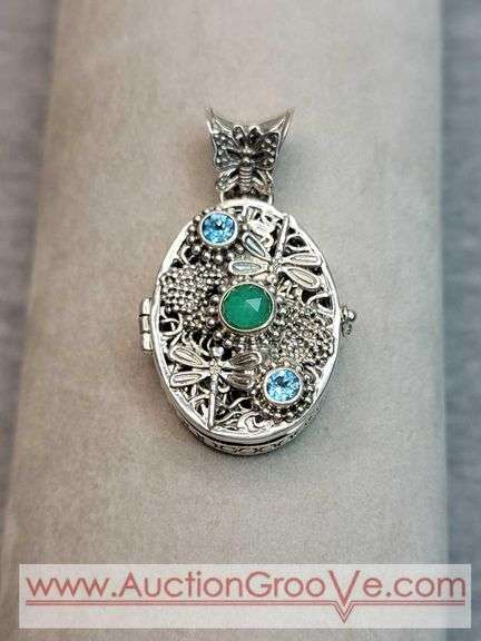 SARDA Sterling Silver Emerald and Blue Topaz Butterfly and DragonFly Locket Pendant. 14.6g. JB