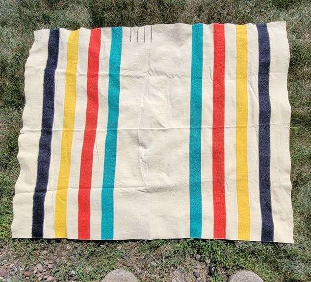 HUDSON BAY WOOL BLANKET. Zoom in on photos to examine condition. 83 X 66".