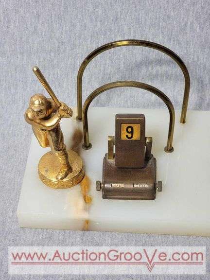 Baseball Themed Perpetual Calendar Desk Organizer. Letter and Pen Holder. 9 x 5.5 x 4.5. January - April and Sunday- Tuesday have discoloration and the baseball player needs some glue. But Everything 