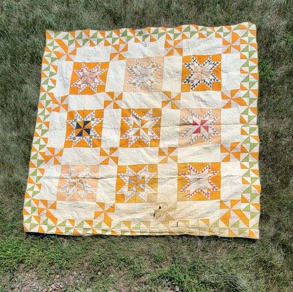 Antique Hand Stitched Quilt 92 X 95". Some damage. Zoom in and see photos to decide.