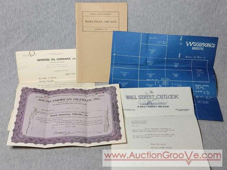1936 Federal Trade Commission Rules, Policy and Acts, 1919 General Oil Company Shares Paperwork, Woodsonco Kansas Natural Gas Line, 1928 South American Oilfields Inc Share Certificate and 1928 Wall St