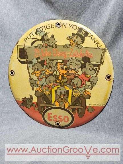 Esso "Put a Tiger in Your Tank" 25 Year Disney Anniversary Round Porcelain Enamel Advertising Sign. 12" diameter. A2