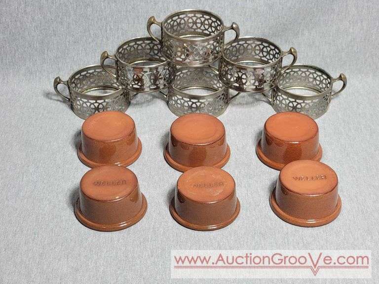 3" Weller Ramekins with Antique 1914 Metal Caddies. 3 marked Weller. B2