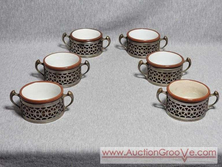 3" Weller Ramekins with Antique 1914 Metal Caddies. 3 marked Weller. B2