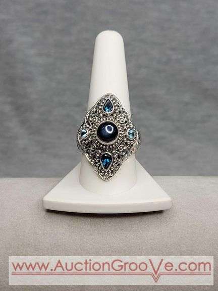 SARDA Sterling Silver Blue Sapphire and Topaz Ring and Pendant. Size 10. 24.8g total. JB