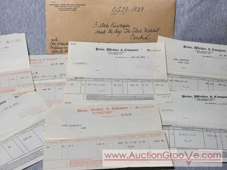 October 29 1929. 3 Stock Purchases from the day the Stock Market Crashed plus other Stock purchases. Sinclair Oil, Studebaker, General Electric, Mack Truck, Canada Dry and More. A1