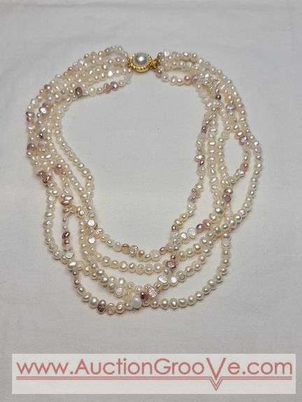 FIVE Strand Freshwater Baroque Cream, Champaign and Pink Pearl Necklace. Gold Tone Faux Pearl Clasp. 17". MB