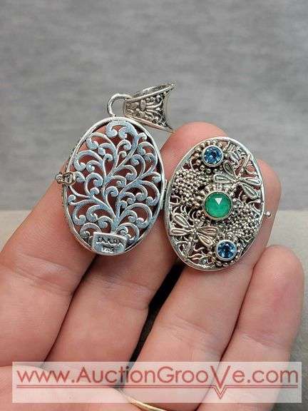 SARDA Sterling Silver Emerald and Blue Topaz Butterfly and DragonFly Locket Pendant. 14.6g. JB