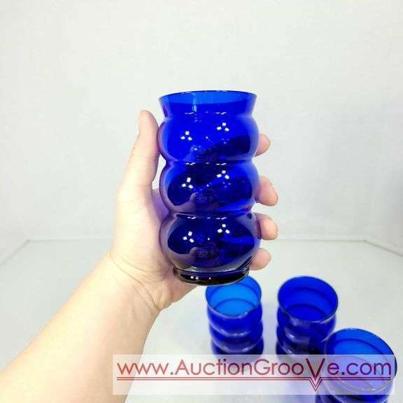 Vintage Louie Glass Co. Cobalt Blue Glass Harpo Pitcher and Tumbler 1930's. Wavy Cobalt Blue Pitcher and Five Glasses. 8 x 9.