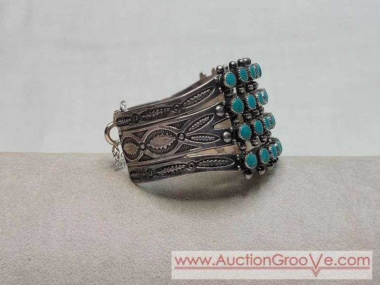Native American ~ Turquoise & Sterling Silver. Snake Eyes Cuff Bracelet. Matches examples found for 4 Row, Petit Point, Zuni. Safety chain appears to be a replacement. MB