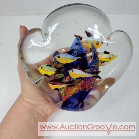 Hand-blown Glass Aquarium with Fish. 6 x 5. A
