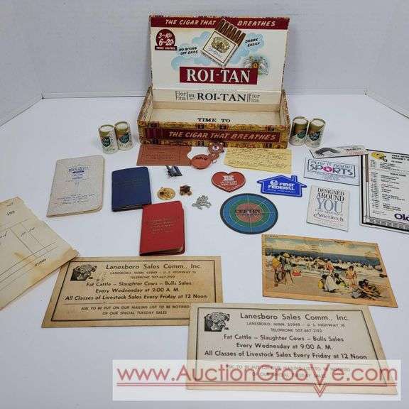 Roi-Tan cigar box filled with collectibles and advertising. La Crescent, Packers, Old Style amd more. See photos. A