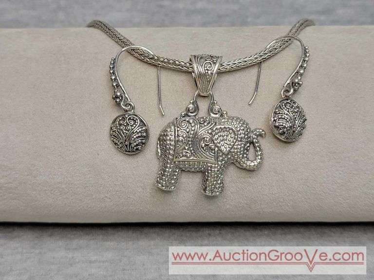 SARDA Sterling Silver Elephant 17" Necklace with Earrings. Total weight 28g 925. JB