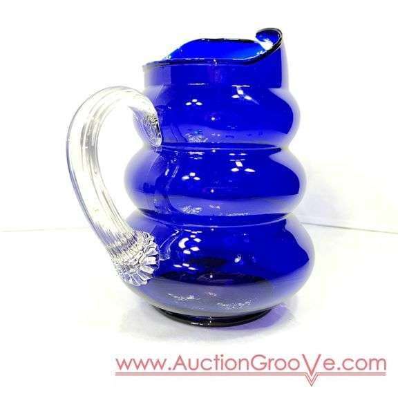 Vintage Louie Glass Co. Cobalt Blue Glass Harpo Pitcher and Tumbler 1930's. Wavy Cobalt Blue Pitcher and Five Glasses. 8 x 9.