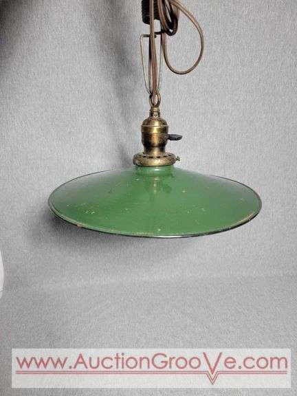 Vintage Green Porcelain Enamel Industrial Hanging Lamp. 12" Dia. B1