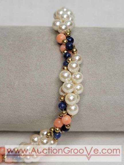 Lapis, Pink Coral and Faux Pearl 17" Necklace with 14K GF Clasp. MB