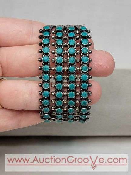 Native American ~ Turquoise & Sterling Silver. Snake Eyes Cuff Bracelet. Matches examples found for 4 Row, Petit Point, Zuni. Safety chain appears to be a replacement. MB
