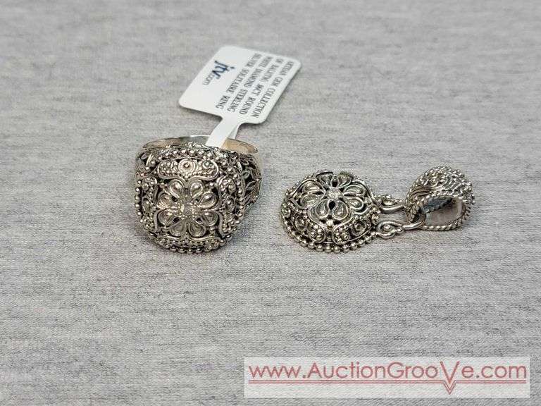 SARDA Artisan Gem Collection of Bali .06CT White Diamond Sterling Silver Solitaire Ring Size 10 and Matching Pendant. 14.8g Total. JB