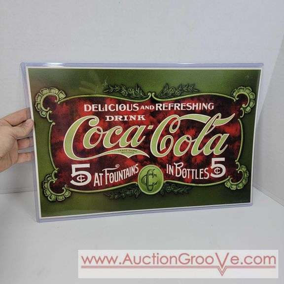 Delicious and Refreshing Drink Coca-Cola. Reproduction paper sign in hard plastic sleeve. 17 x 12. A