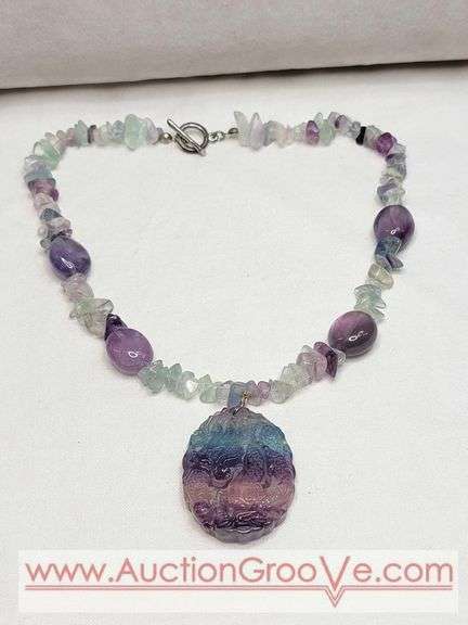 Rainbow Fluorite Dragon Pendant Necklace. 16". MB
