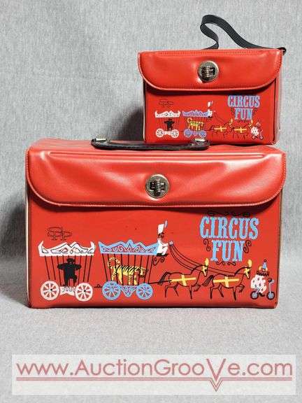 TWO Vintage SPP Vinyl Circus Fun Lunch Boxes. Rare Hard to Find.  8.5 x 6 x 5 and 5 x 4 x 3.5. A2