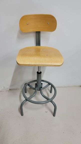 You are bidding on a Single, Swivel, Contoured Plywood, Adjustable Height Stools Chair by INTERION.  More available in this auction. Used and fully functional. See photos for details.  From Company in