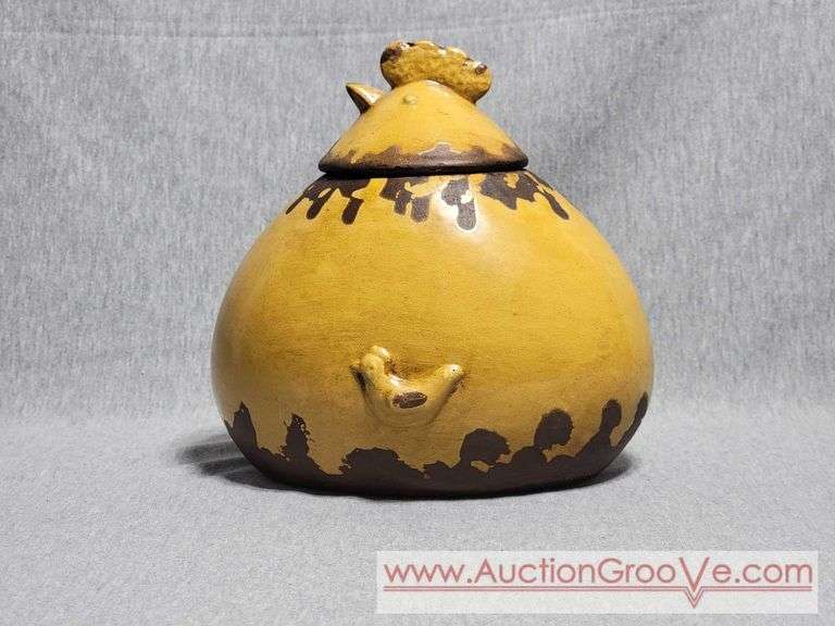 Yellow and Brown Ceramic Lidded Chicken Dish. 8 x 6 x 8. A3