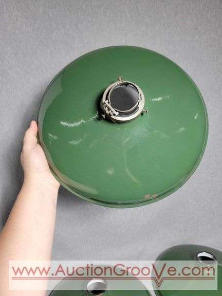 Three Green Porcelain Enamel Industrial Lamp Shades. 12" Diameter. B1