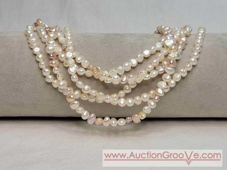 FIVE Strand Freshwater Baroque Cream, Champaign and Pink Pearl Necklace. Gold Tone Faux Pearl Clasp. 17". MB