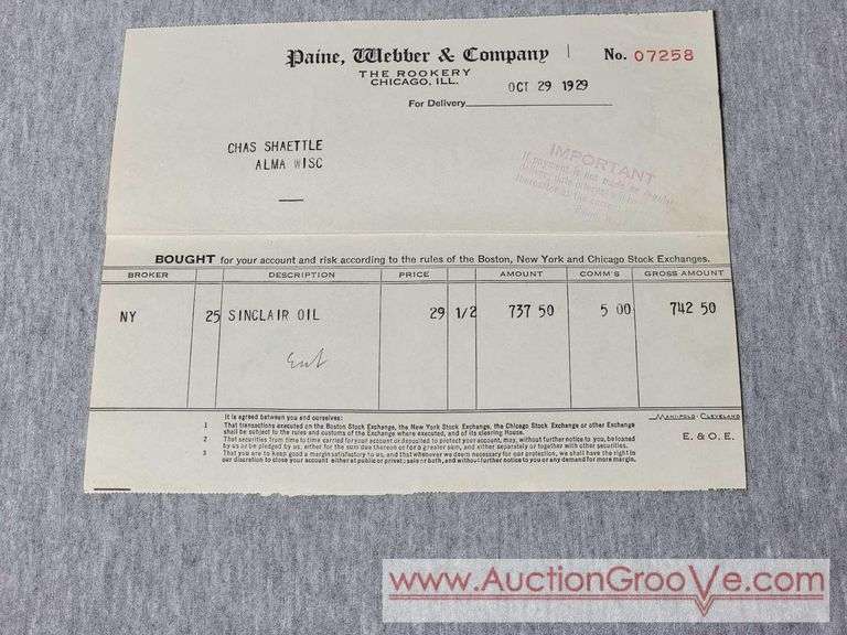 October 29 1929. 3 Stock Purchases from the day the Stock Market Crashed plus other Stock purchases. Sinclair Oil, Studebaker, General Electric, Mack Truck, Canada Dry and More. A1