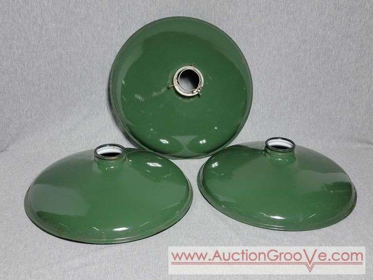 Three Green Porcelain Enamel Industrial Lamp Shades. 12" Diameter. B1