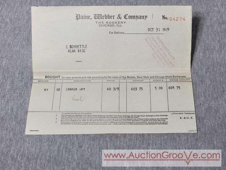 October 29 1929. 3 Stock Purchases from the day the Stock Market Crashed plus other Stock purchases. Sinclair Oil, Studebaker, General Electric, Mack Truck, Canada Dry and More. A1