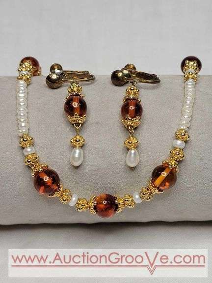 Natural Amber and "Potato" Pearl 15" Necklace and Screwback Earrings. MB